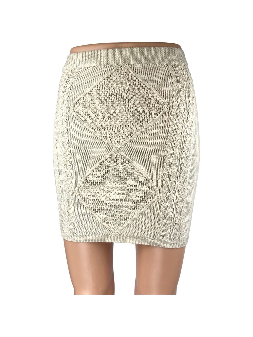 NEW Beivy Beige Tan Cable Knit Wool Pull On Fitted Sculpt Pencil Mini Skirt Sz S